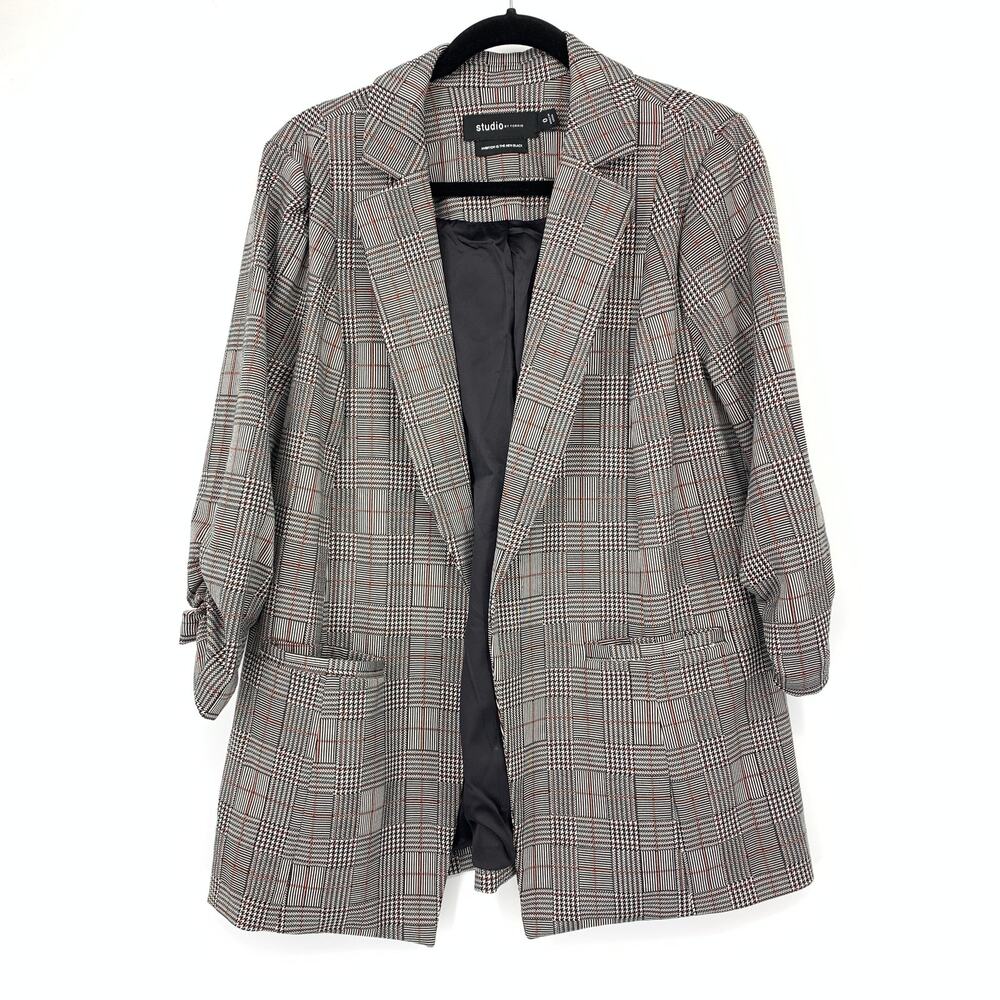 Studio By Torrid Open Front Blazer Jacket Womens Sz 0X 3/4 Ruched Sleeve Plaid